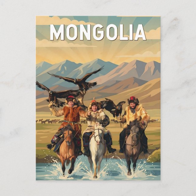 Postal Ilustración de viaje de Mongolia Arte Vintage (Anverso)