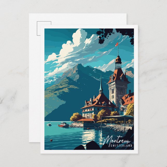 Postal Ilustracion de viaje de Montreux Suiza (Anverso / Reverso)