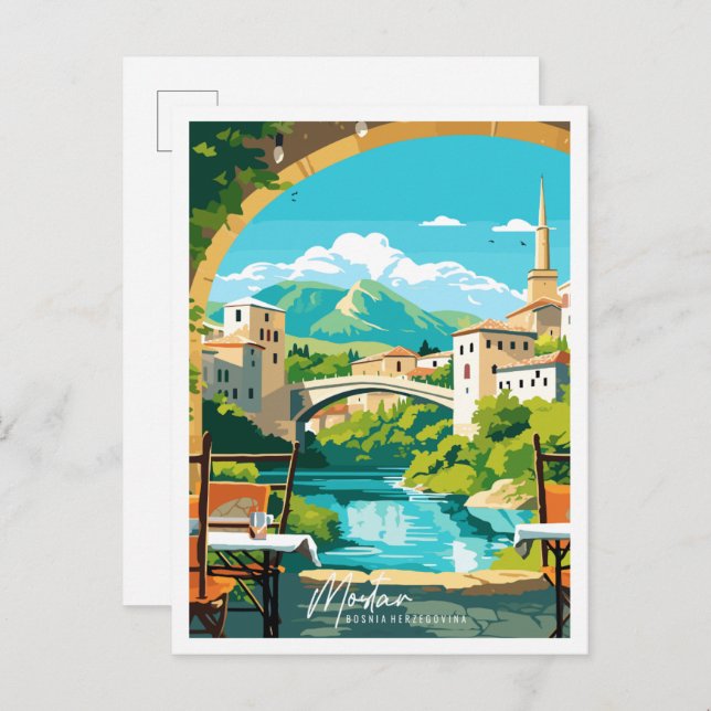 Postal Ilustracion de viaje de Mostar Bosnia (Anverso / Reverso)