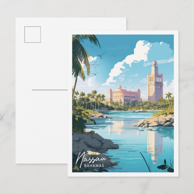 Postal Ilustracion de viaje de Nassau Bahamas (Anverso / Reverso)