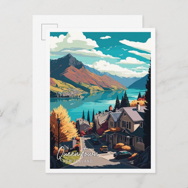 Postal Ilustracion de viaje de Nueva Zelanda de Queenstow (Anverso / Reverso)