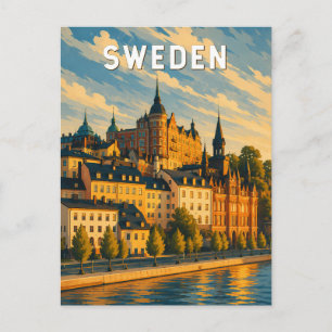 Postal Ilustración de viaje de Suecia Arte Vintage