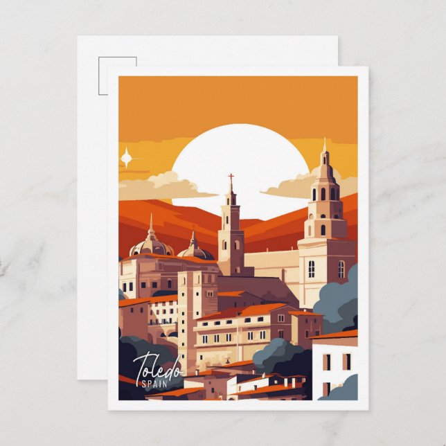 Postal Ilustracion de viaje de Toledo España vintage (Anverso / Reverso)