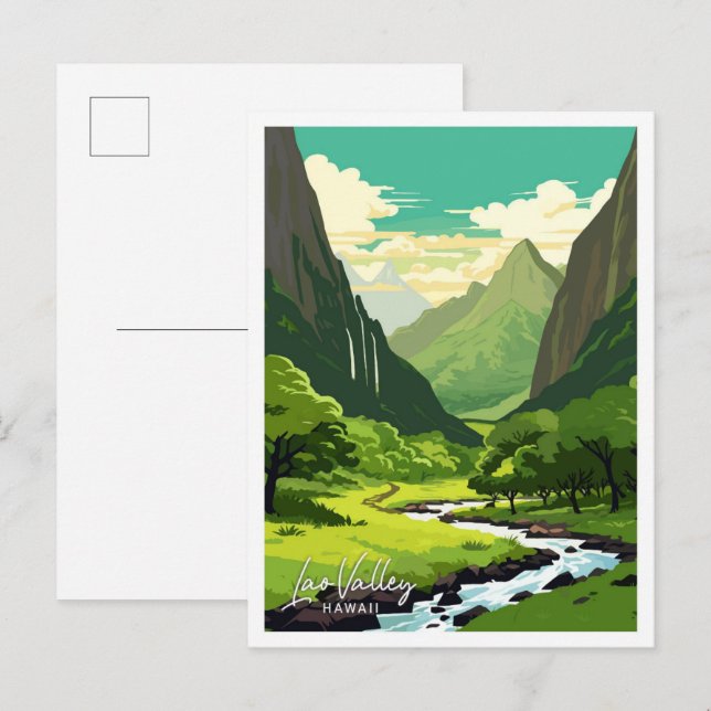 Postal Ilustracion de Viaje de Viaje de Hawái en el Valle (Anverso / Reverso)