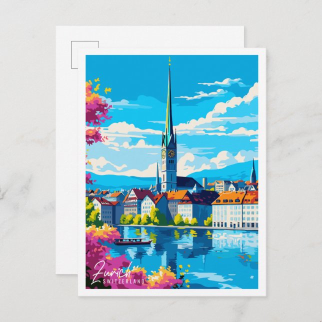 Postal Ilustracion de viaje de Zurich Suiza (Anverso / Reverso)