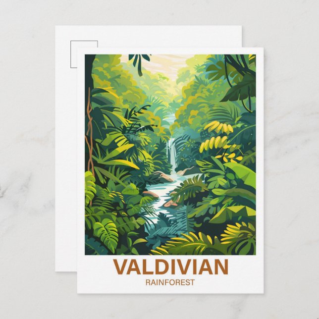 Postal Ilustración de viaje del bosque lluvioso de Valdiv (Anverso / Reverso)