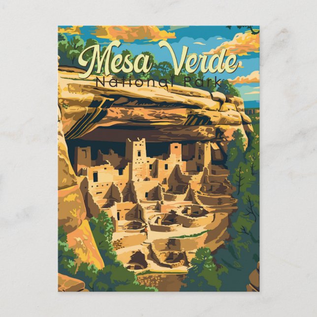 Postal Ilustración de viaje del Parque Nacional Mesa Verd (Anverso)