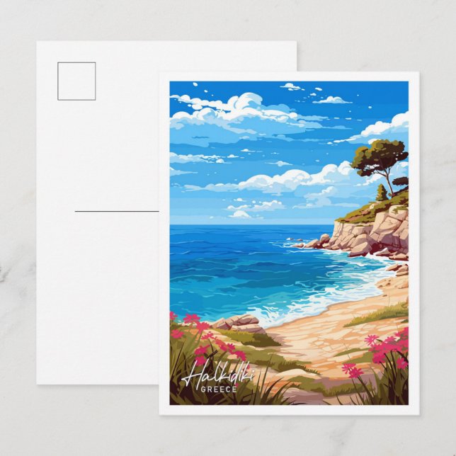 Postal Ilustracion de viaje Halkidiki Grecia (Anverso / Reverso)