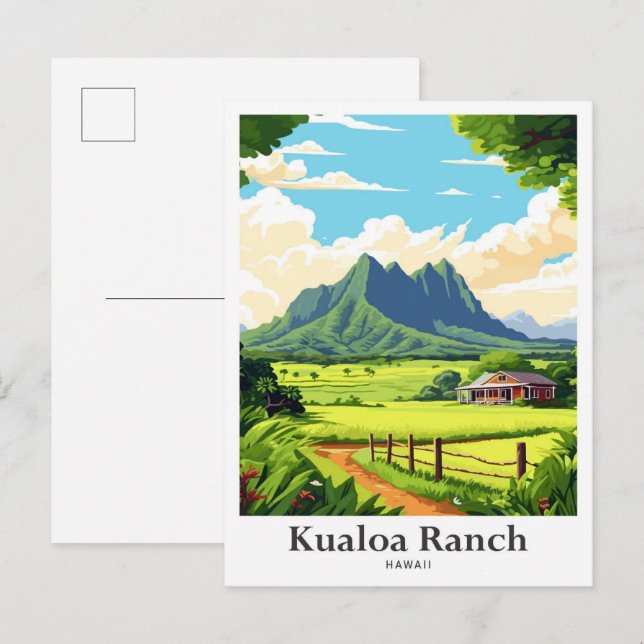Postal Ilustracion de viaje Kualoa Ranch Hawaii (Anverso / Reverso)