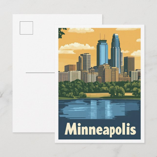 Postal Ilustracion de Viaje Minneapolis Minnesota Vintage (Anverso / Reverso)