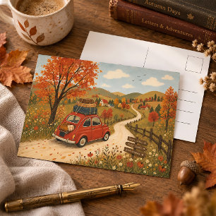 Postal Ilustración de viaje por carretera vintage de otoñ