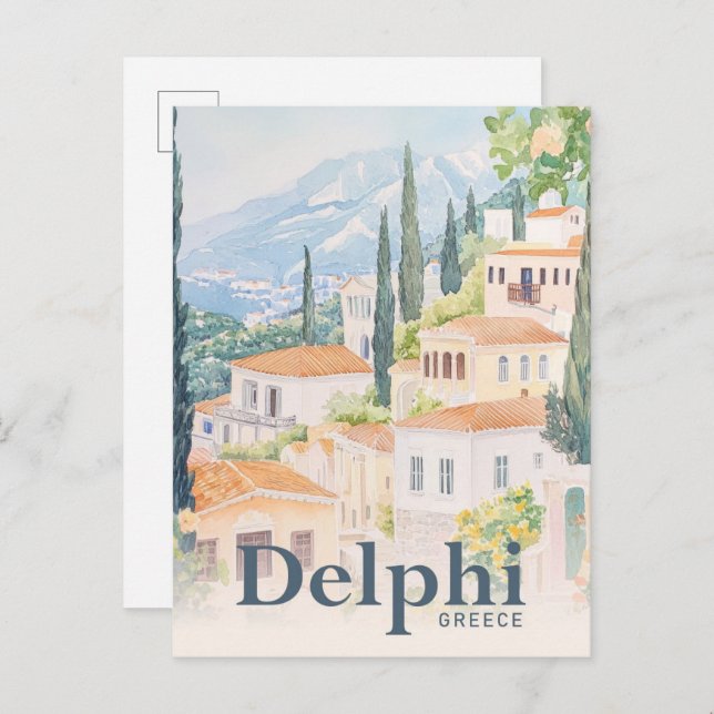 Postal Ilustracion de viaje por la acuarela de Delphi Gre (Anverso / Reverso)
