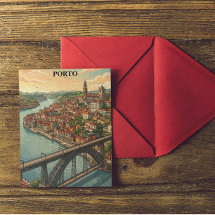 Postal Ilustración de viaje retro colorido Porto Portugal