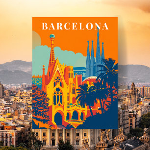Postal Ilustración de viaje retro de Barcelona España