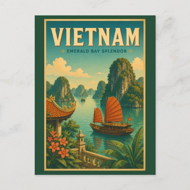 Postal Ilustración de viaje retro de la bahía de Ha Long  (Anverso)