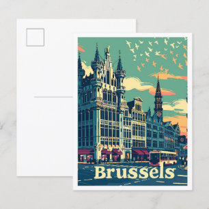 Postal Ilustración de viaje vintage Bruselas Bélgica