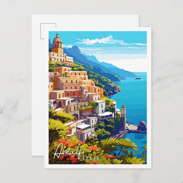 Postal Ilustracion de viaje vintage de Amalfi Italia (Anverso / Reverso)