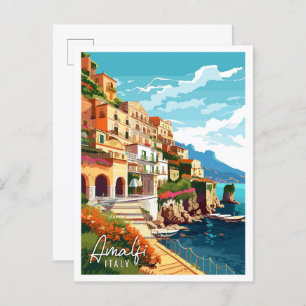 Postal Ilustracion de viaje vintage de Amalfi Italia