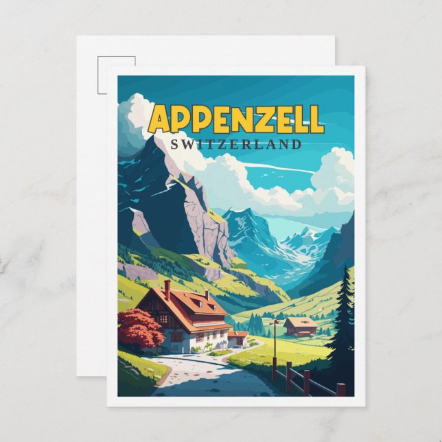 Postal Ilustracion de viaje vintage de Appenzell Suiza (Anverso / Reverso)