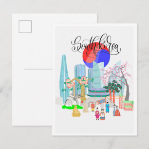 Postal Ilustración de viaje vintage de arte de Seúl Corea