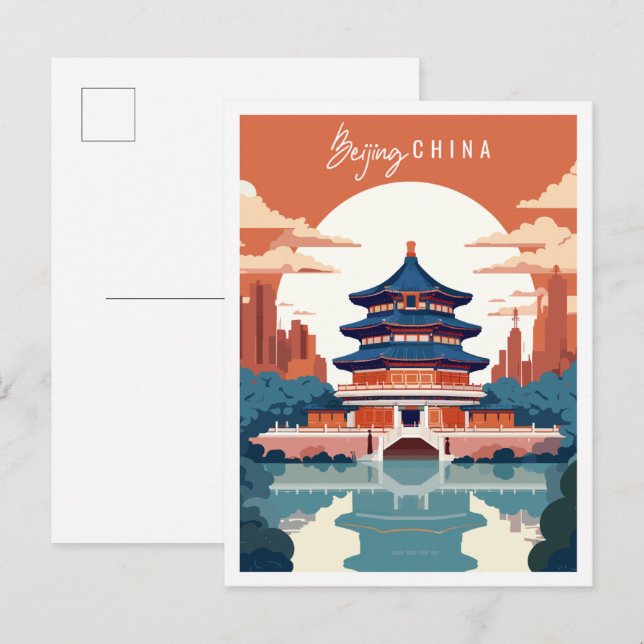 Postal Ilustracion de viaje vintage de Beijing China (Anverso / Reverso)