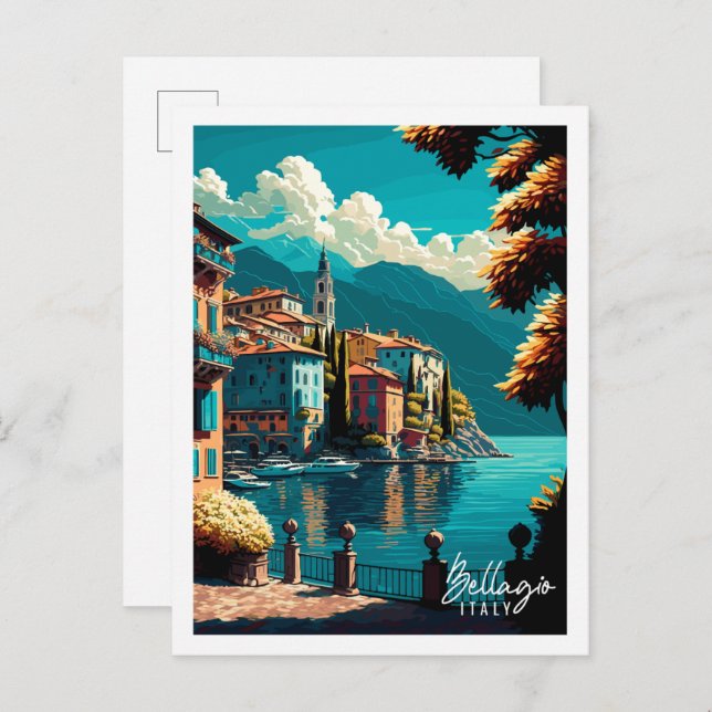 Postal Ilustracion de viaje vintage de Bellagio Italia (Anverso / Reverso)