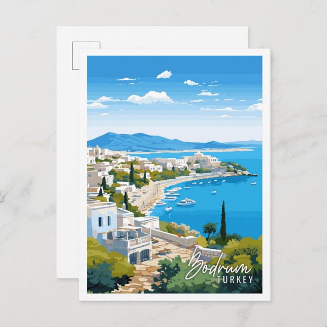Postal Ilustracion de viaje vintage de Bodrum Turkey (Anverso / Reverso)