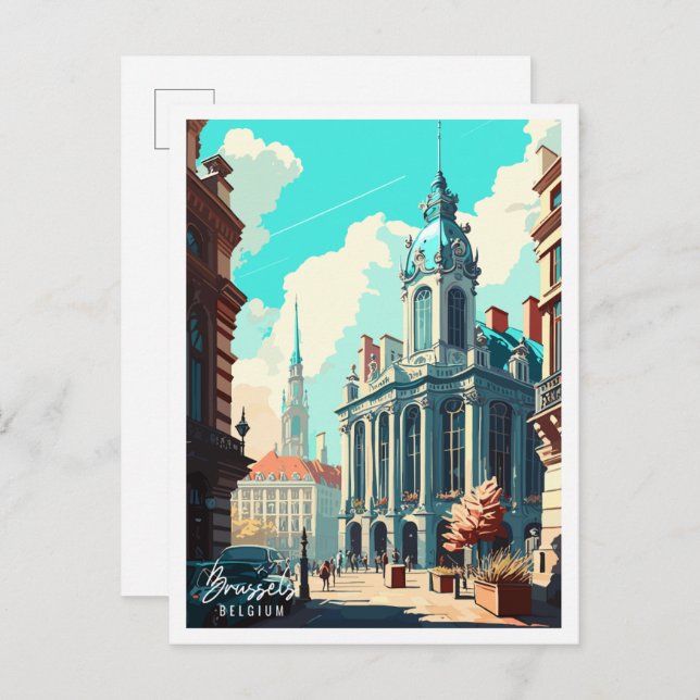 Postal Ilustracion de viaje vintage de Bruselas Bélgica (Anverso / Reverso)