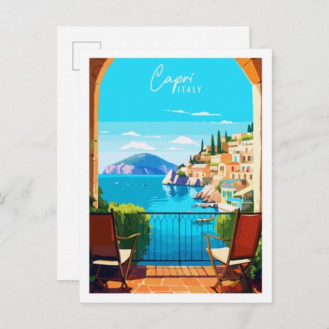 Postal Ilustracion de viaje vintage de Capri Italy (Anverso / Reverso)