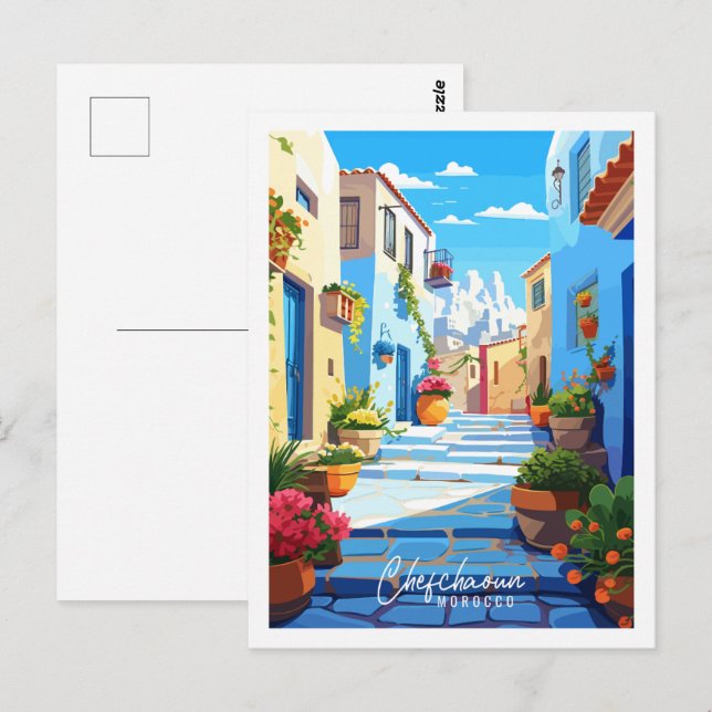 Postal Ilustracion de viaje vintage de Chefchaoun Marruec (Anverso / Reverso)