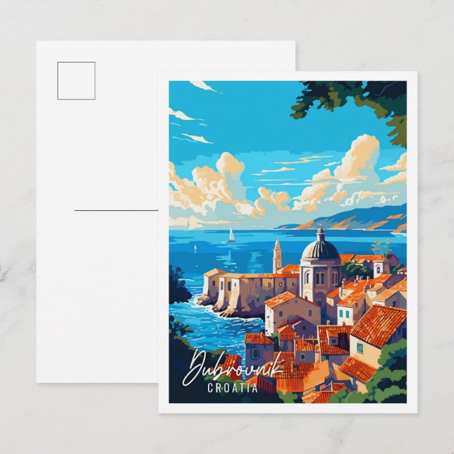 Postal Ilustracion de viaje vintage de Dubrovnik Croacia (Anverso / Reverso)