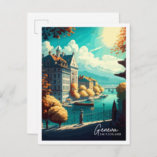 Postal Ilustracion de viaje vintage de Ginebra Suiza (Anverso / Reverso)