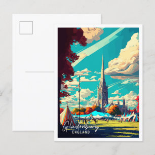 Postal Ilustracion de viaje vintage de Glastonbury Inglat