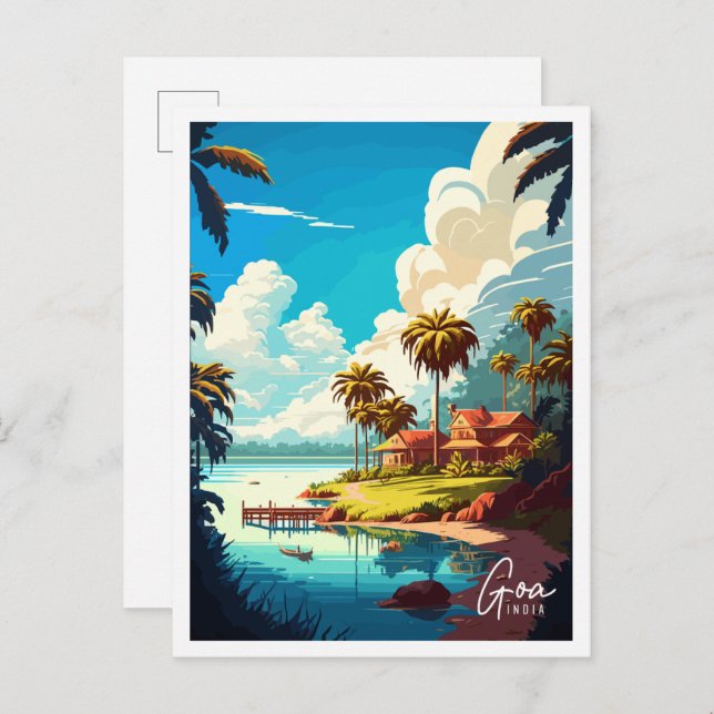 Postal Ilustracion de viaje vintage de Goa India (Anverso / Reverso)