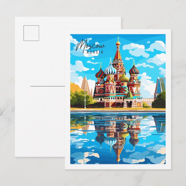 Postal Ilustración de viaje vintage de Moscú Rusia (Anverso / Reverso)