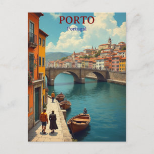 Postal Ilustración de viaje vintage de Oporto Portugal