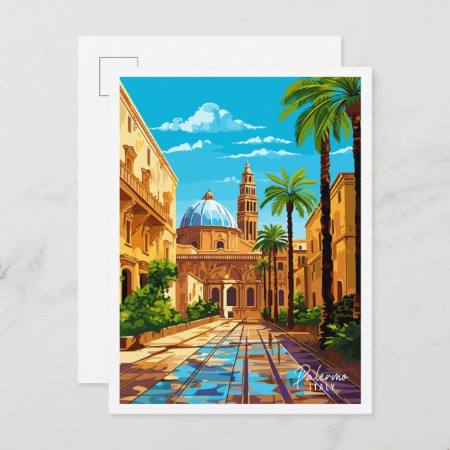 Postal Ilustracion de viaje vintage de Palermo Italia (Anverso / Reverso)
