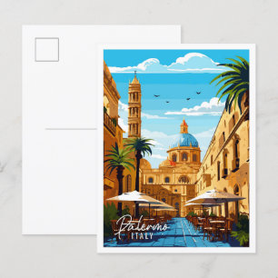 Postal Ilustracion de viaje vintage de Palermo Italia