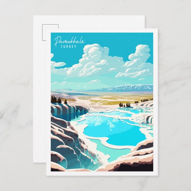 Postal Ilustracion de viaje vintage de Pamukkale Turquía (Anverso / Reverso)