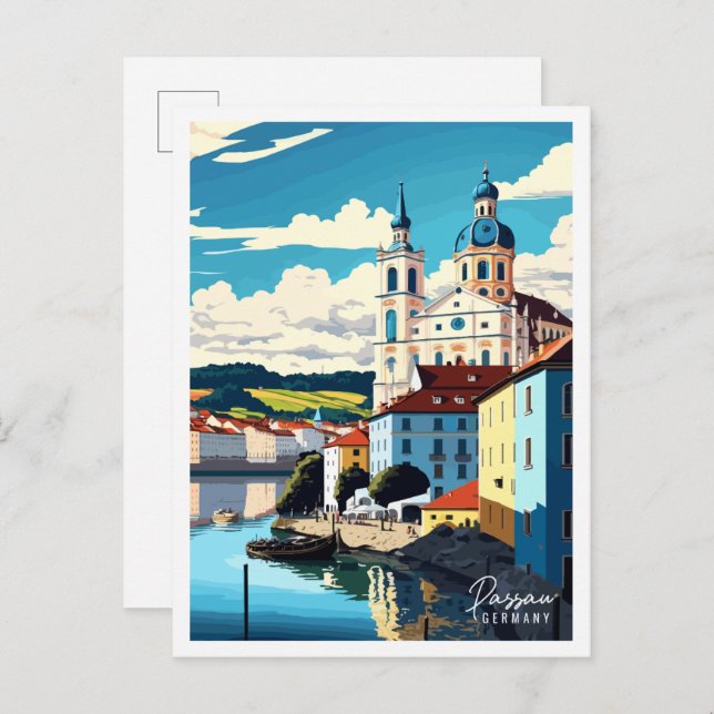 Postal Ilustracion de viaje vintage de Passau Germany (Anverso / Reverso)