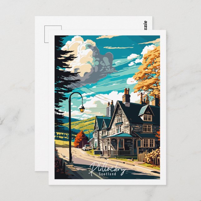 Postal Ilustracion de viaje vintage de Plitlochry Scotlan (Anverso / Reverso)