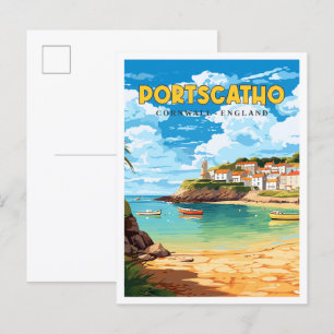 Postal Ilustracion de viaje vintage de Portscatho Cornwal