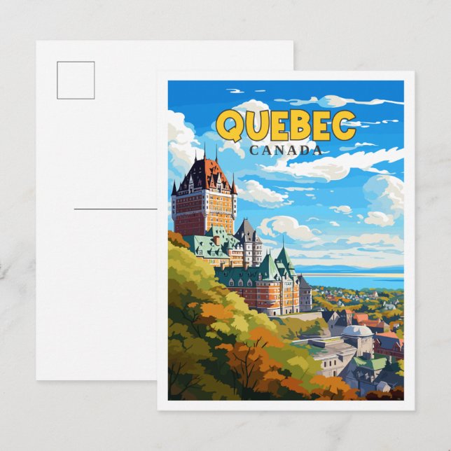 Postal Ilustracion de viaje vintage de Quebec Canadá (Anverso / Reverso)