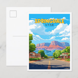 Postal Ilustracion de viaje vintage de Springdale Utah