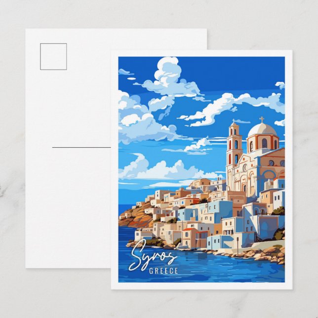 Postal Ilustracion de viaje vintage de Syros Greece (Anverso / Reverso)