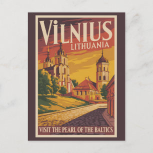 Postal Ilustración de viaje vintage de Vilnius Lituania A