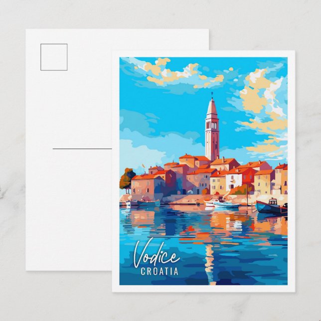 Postal Ilustracion de viaje vintage de Vodice Croacia (Anverso / Reverso)