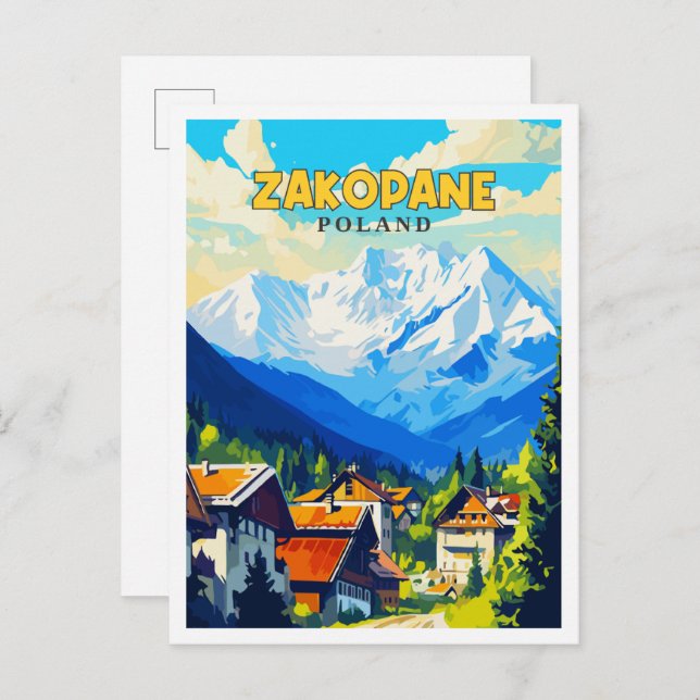 Postal Ilustracion de viaje vintage de Zakopane Polonia (Anverso / Reverso)