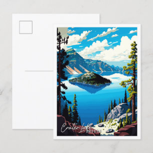 Postal Ilustracion de viaje vintage del Crater Lake Orego