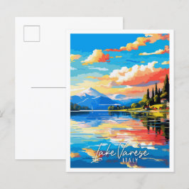 Postal Ilustracion de viaje vintage del Lago Varese Itali